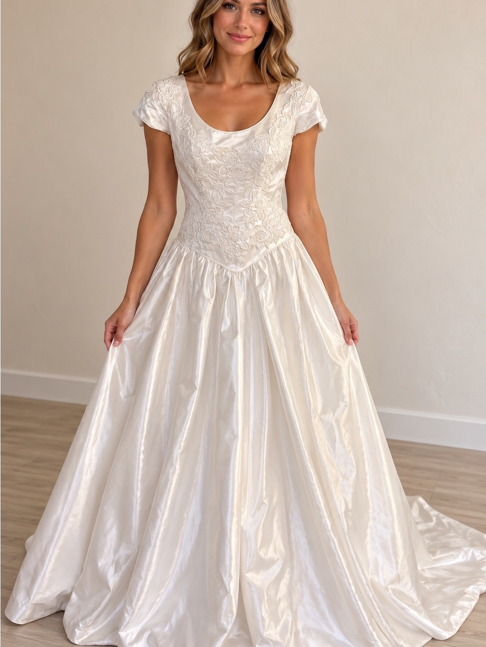 1980 vintage couture Ivory Scoop Neck A-Line Bridal wedding Dress